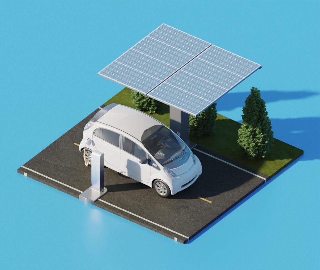 high-angle-electric-car-streer - Flux Solar Energy Illustration of a small electric car parked under a solar panel canopy