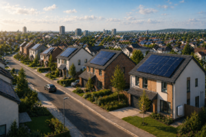 Residential street with modern houses and solar panels on roofs, suburban neighborhood under a sunny sky.