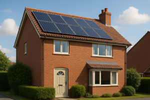 Brick house with a large solar panel array on the sloped roof under a blue sky, showcasing rooftop solar energy.