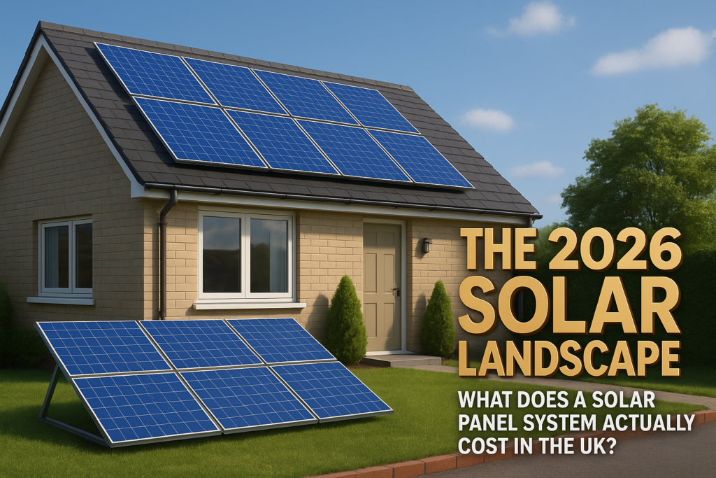 House with blue solar panels on the roof and ground-mounted panels; large yellow headline about 'The 2026 Solar Landscape' and white subtitle about solar panel costs in the UK