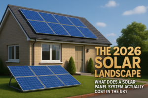 House with blue solar panels on the roof and ground-mounted panels; large yellow headline about 'The 2026 Solar Landscape' and white subtitle about solar panel costs in the UK