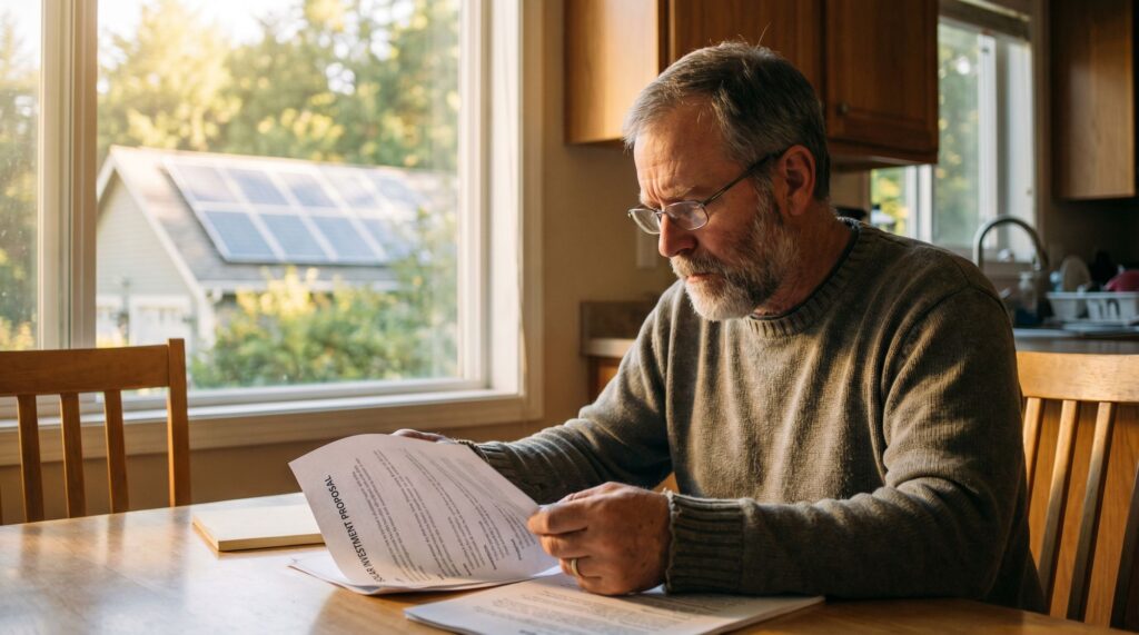 Older man with gray hair and glasses reads a document at a sunlit kitchen table by a window.