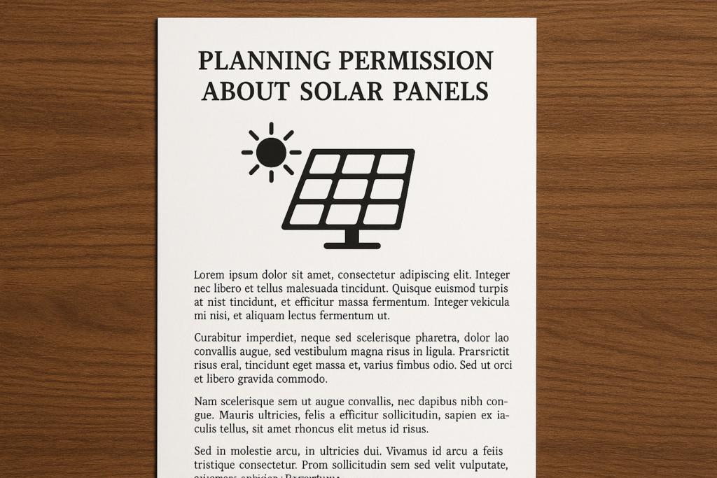 Poster announcing planning permission about solar panels, featuring a sun icon and a solar panel illustration on a white sheet.